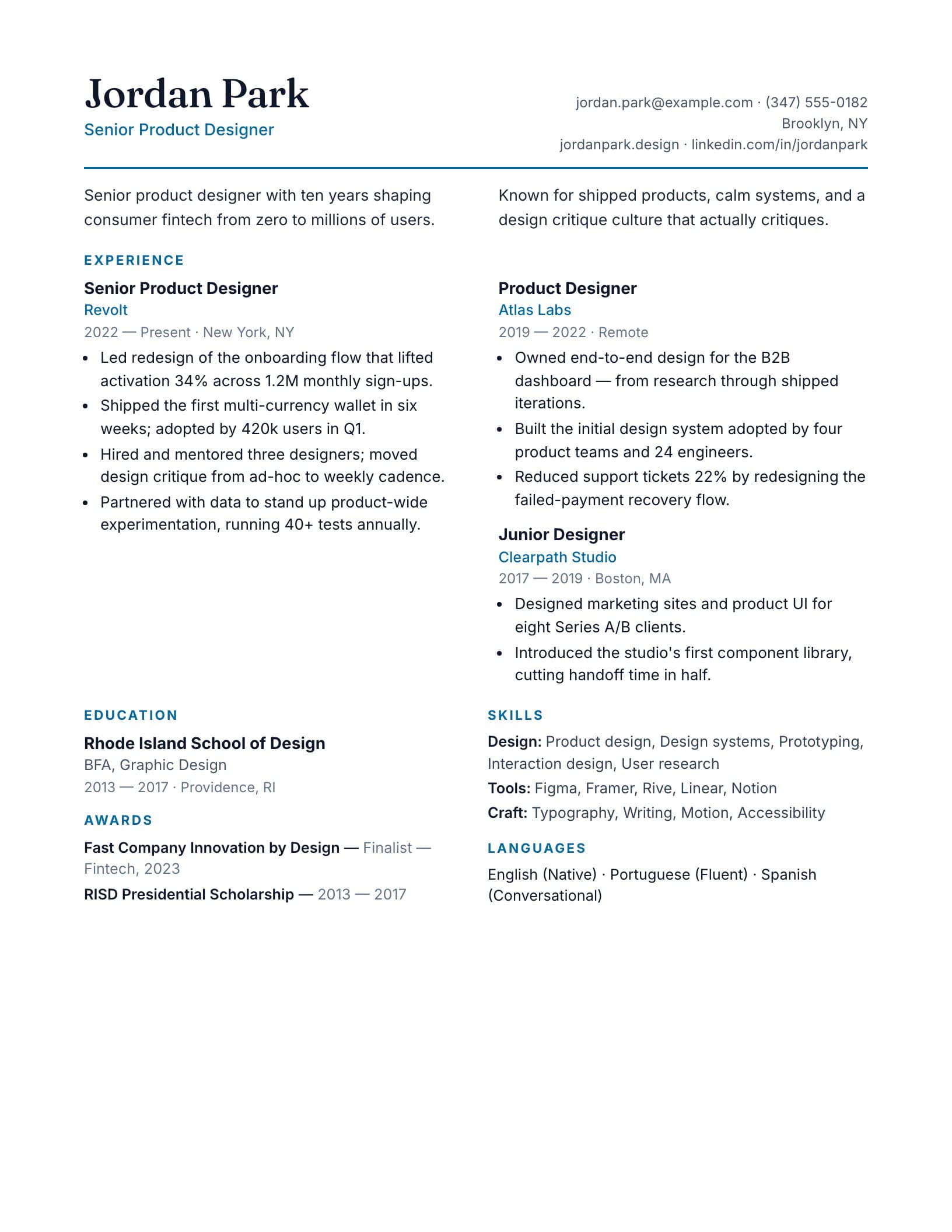 Compact Two-Column résumé template preview