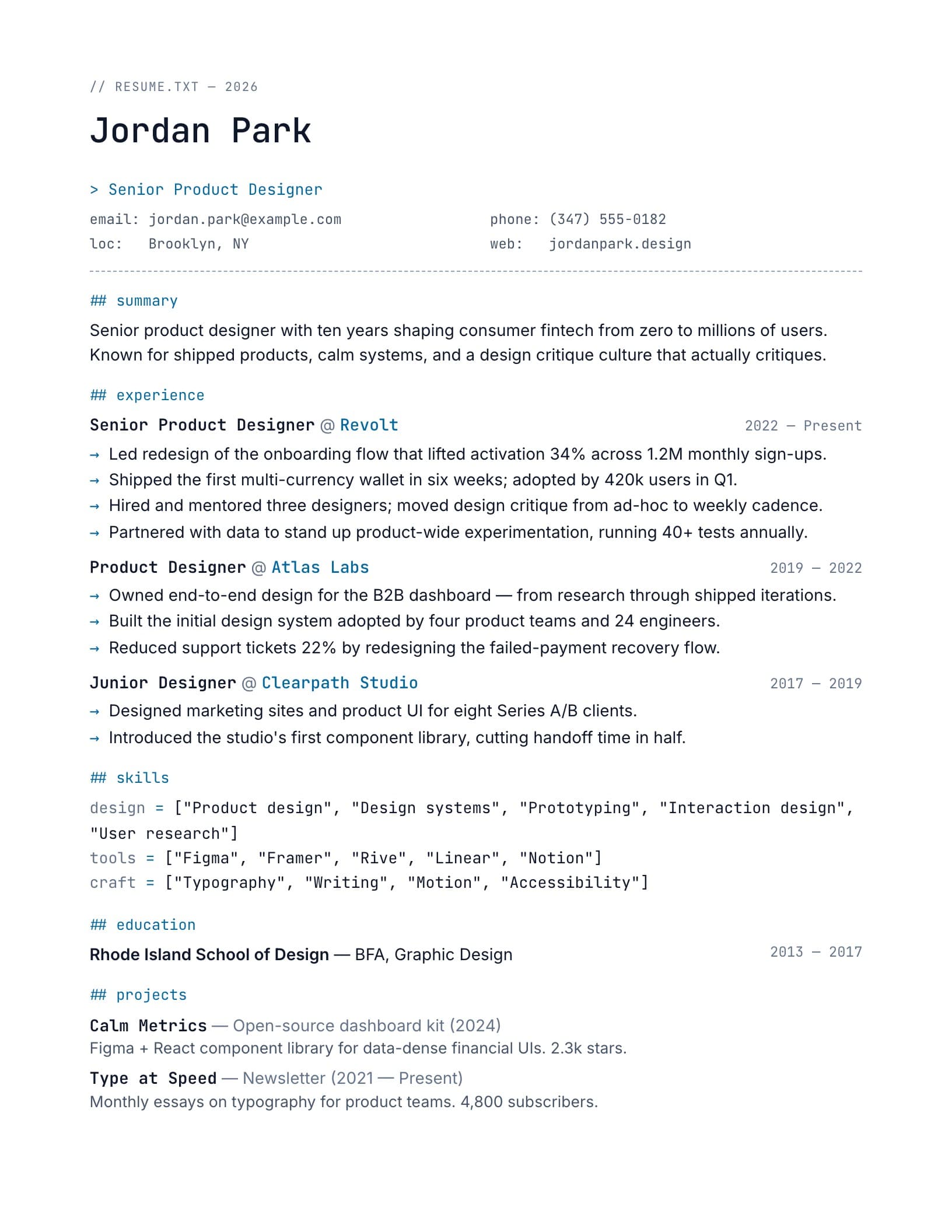Technical Mono résumé template preview